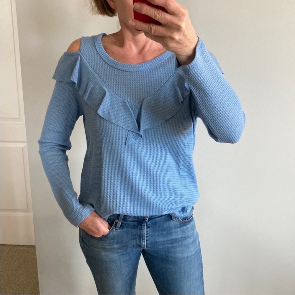 Women's Blue Ruffle Cold Shoulder Top